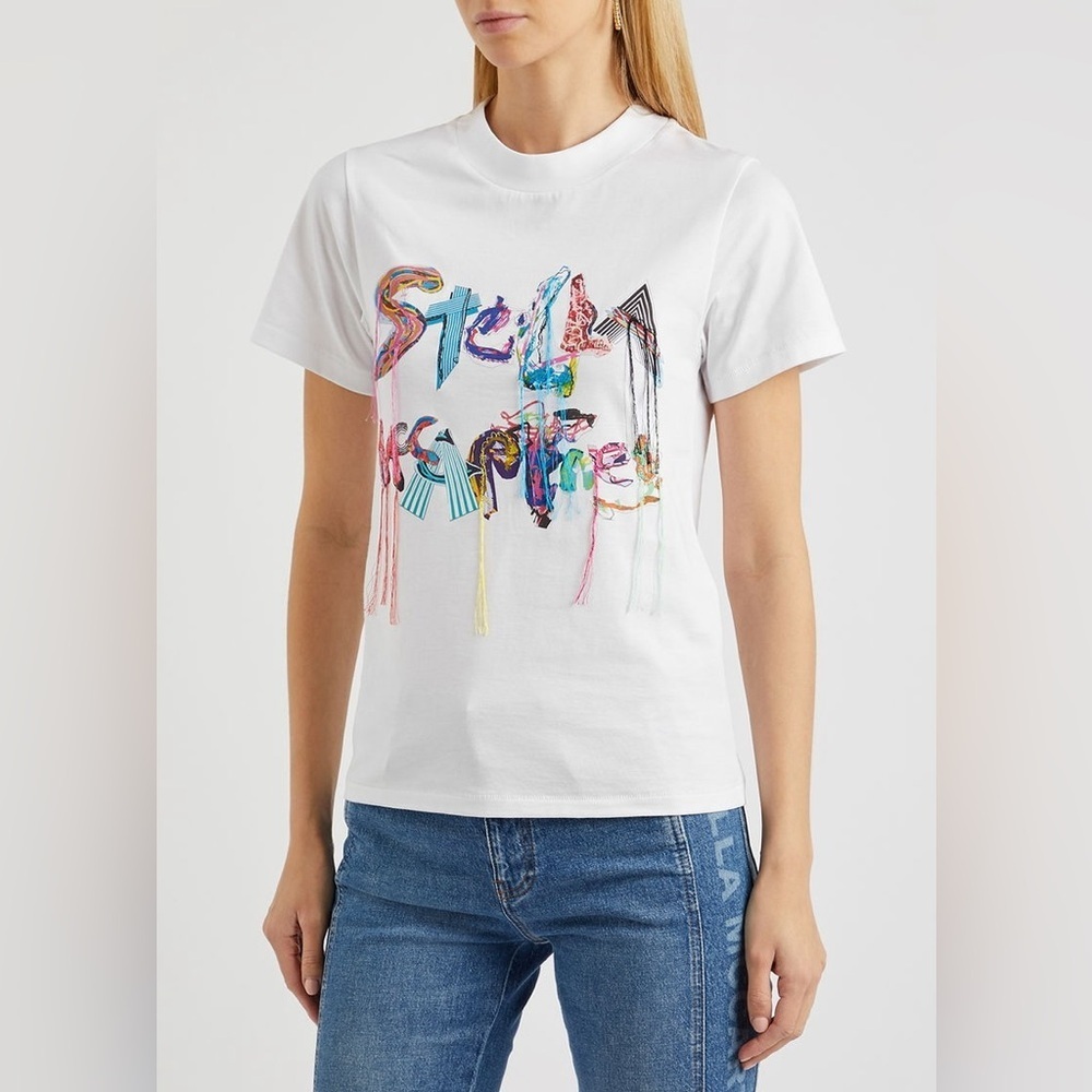 NWT Stella McCartney Collage Tassel Fringe White Logo Tee T Shirt Sz 42 - Picture 2 of 14